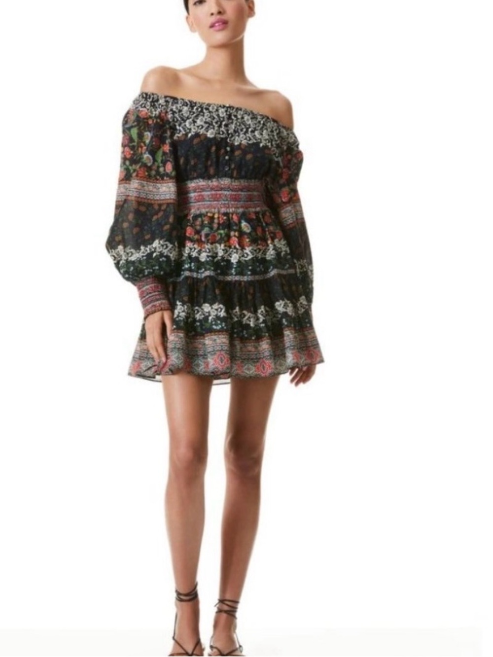 Alice + Olivia Clementina Printed Tiered Mini Dress Womens’s 0 Off The Shoulder